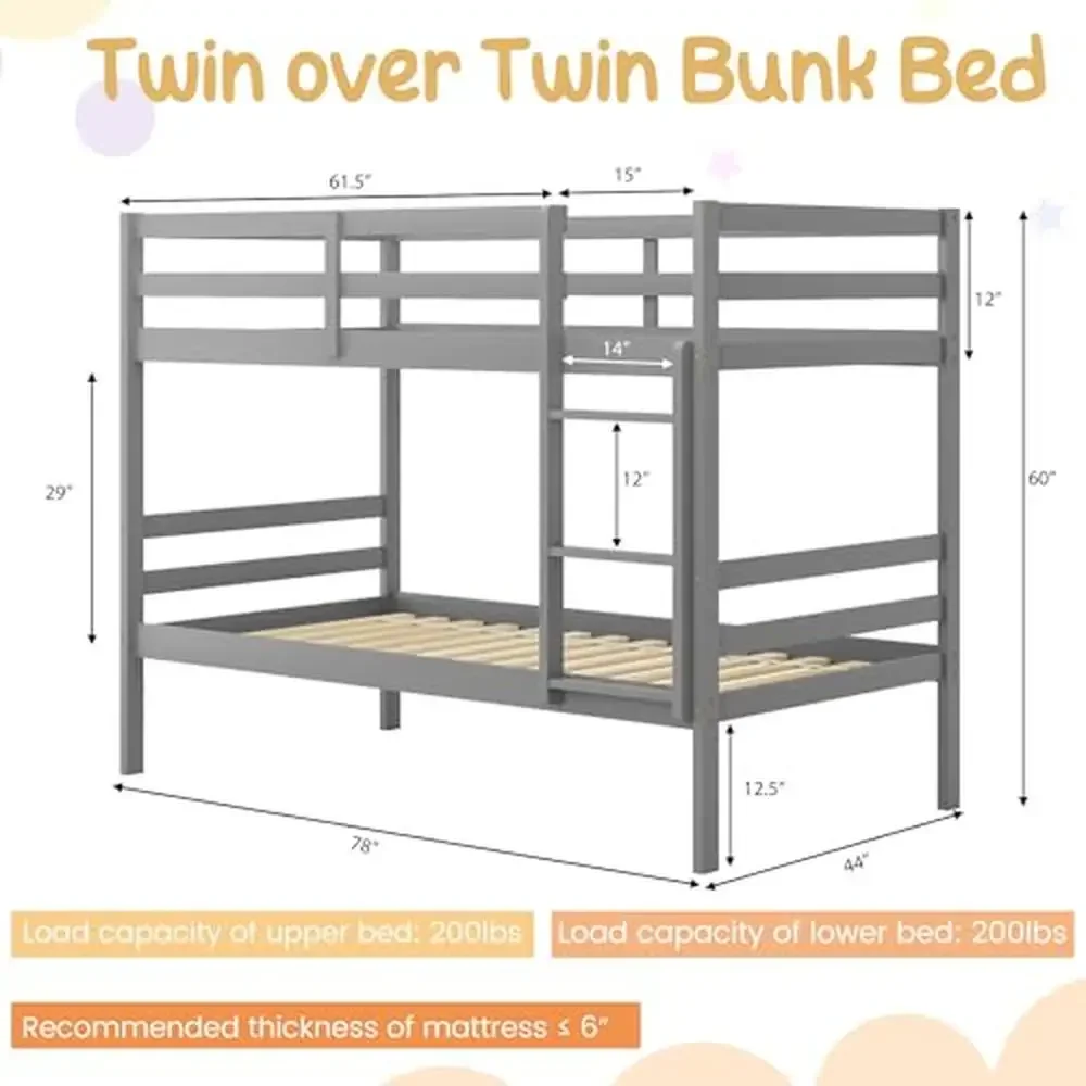 Solid Wood Twin Over Twin Bunk Bed with Sturdy Ladder & 12