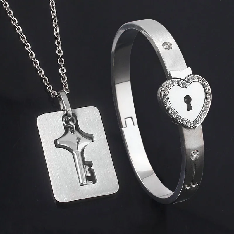 Couple Jewelry Stainless Steel Bracelet Love Heart Lock Bracelets Bangle Key Pendant Necklace For Women Men Valentine\'s Day Gift