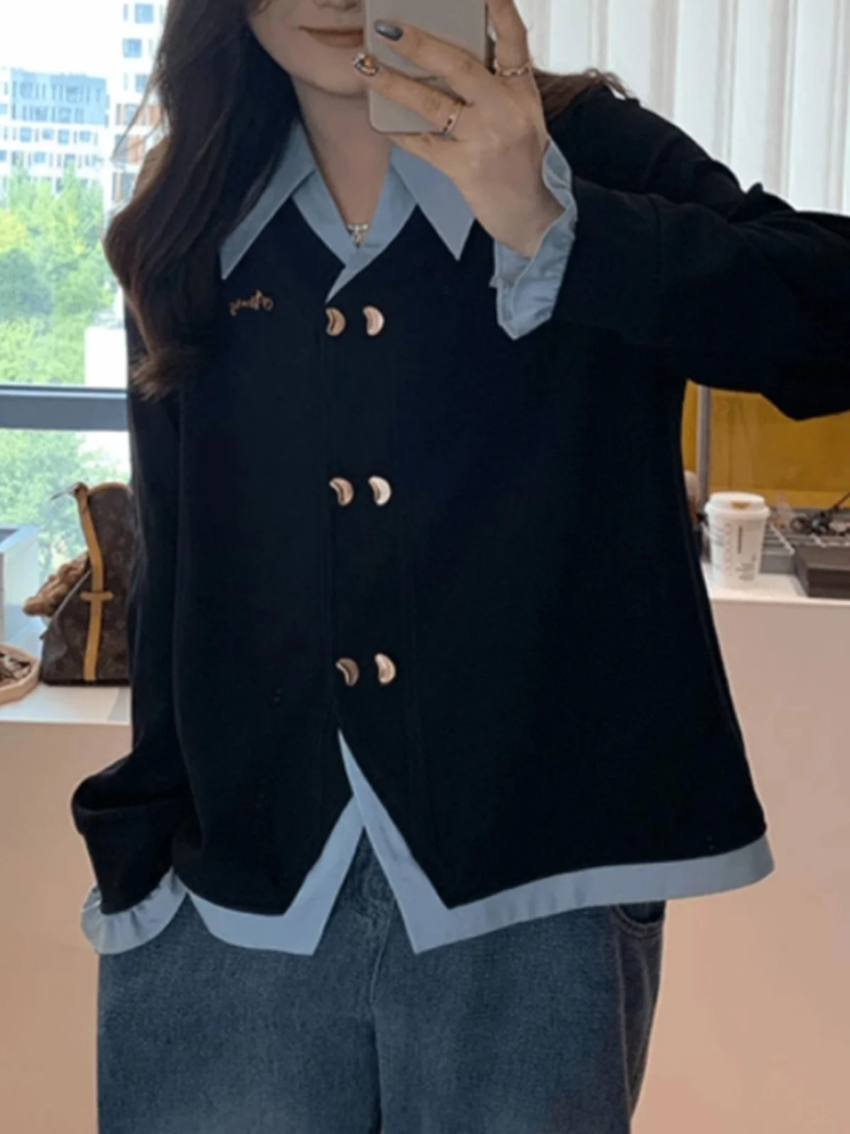 Chubby Big Size Women clothes Fake Two Pieces Outerwear Early Autumn New Chubby Girl Slimming Wooden Ear Long sleeve Cardigan...