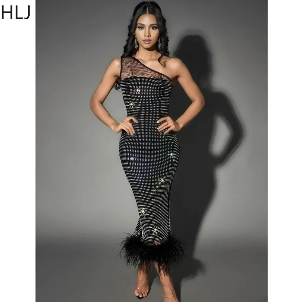 

HLJ Black Sexy Mesh Rhinestone Feather Party Nightclub Dress Women One Shoulder Bodycon Slit Dress Fashion Female Slim Vestidos