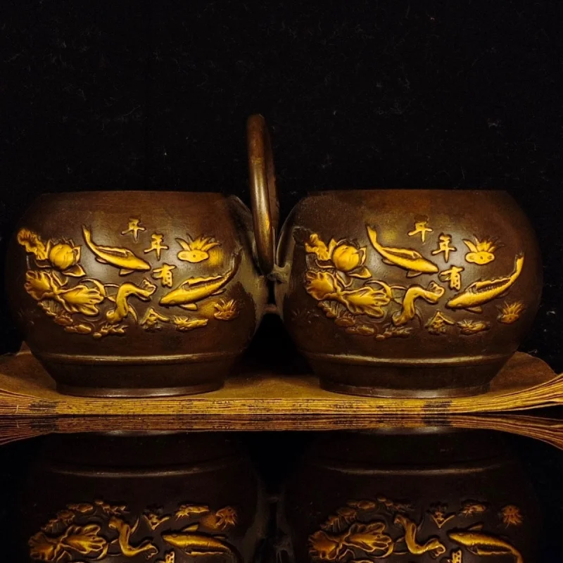 

Pure Copper Gold-Plated "Year After Year Surplus" Oil Salt Jar, Qing Dynasty Imperial Antique, Vintage Ornament, Retro Craft