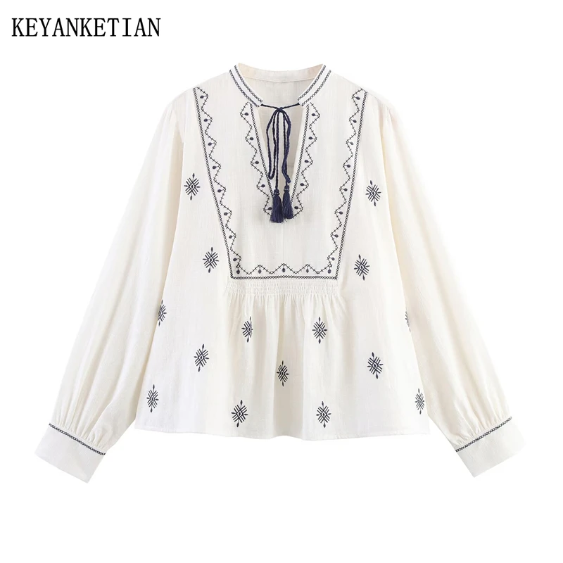 

KEYANKETIAN осенняя новая женская рубашка с v-образным вырезом на шнуровке и длинными рукавами в стиле ретро, женский пуловер, кукольная рубашка