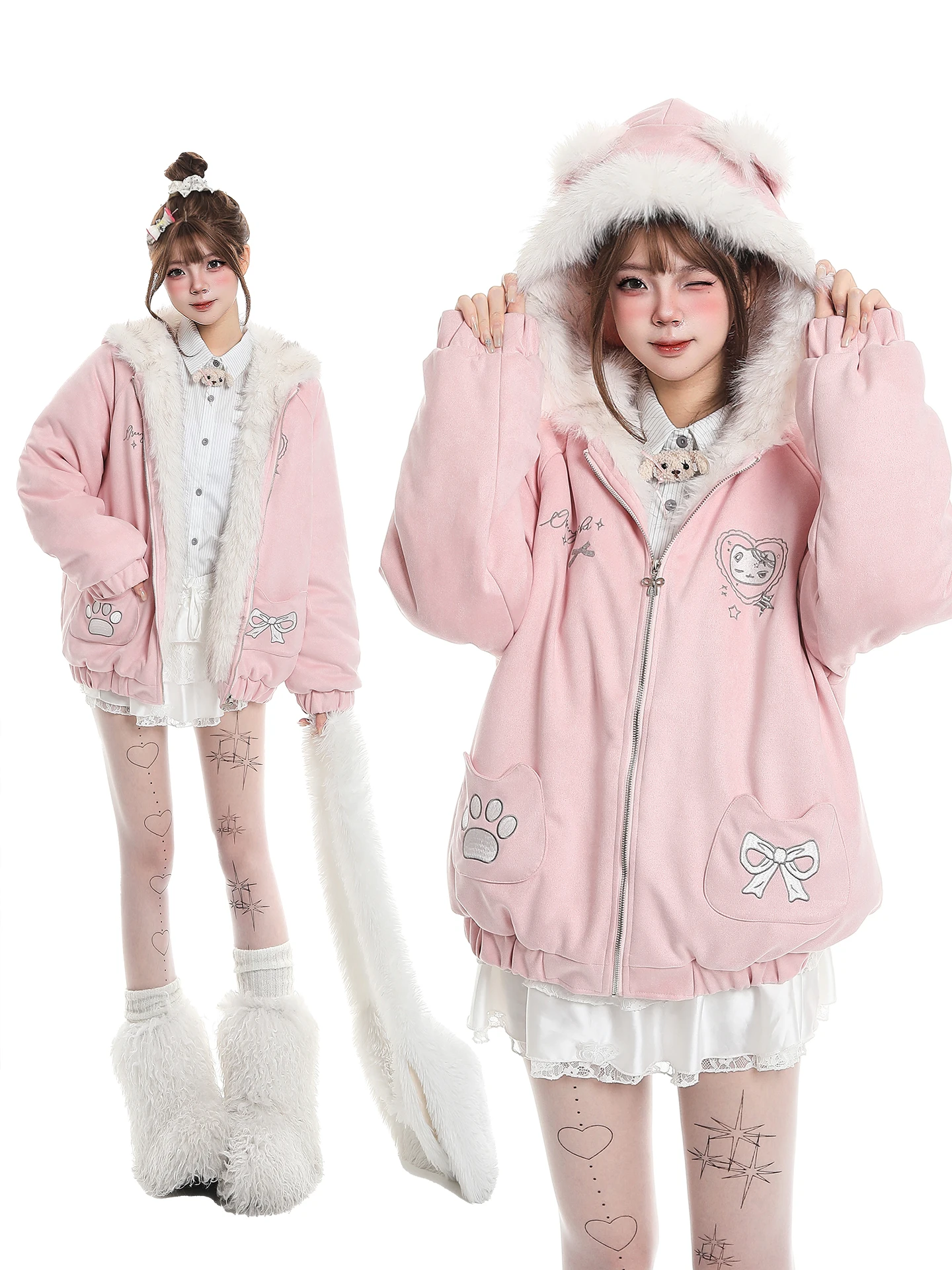 

Милая мультяшная куртка с вышивкой и капюшоном, женская зимняя свободная теплая хлопковая куртка, верхняя одежда, модная молодежная модель