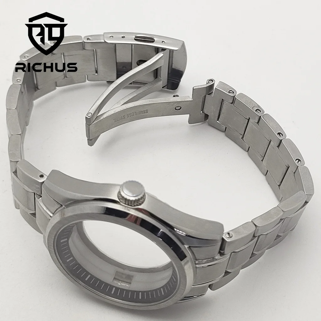 Caja de reloj RICHUS NH35 de 40mm plateada con correa de cristal de zafiro compatible con movimiento NH34 NH35 NH36