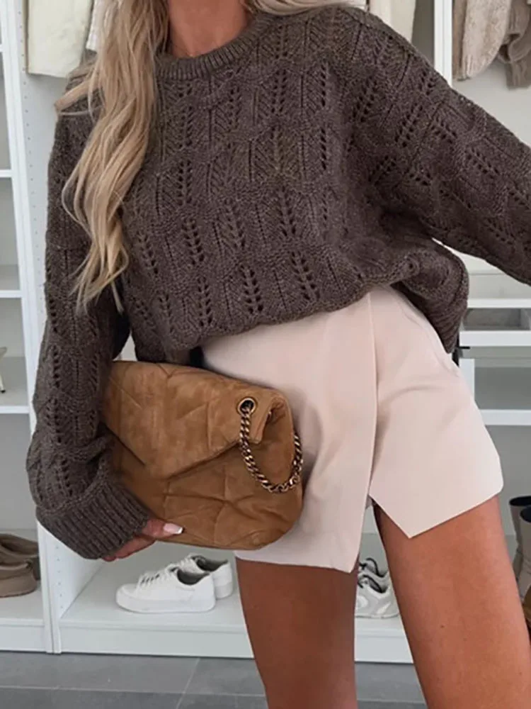 

Женский модный свободный топ с круглым вырезом, пуловер, повседневный офисный женский джемпер с длинным рукавом, осень-зима, однотонный ажурный свитер