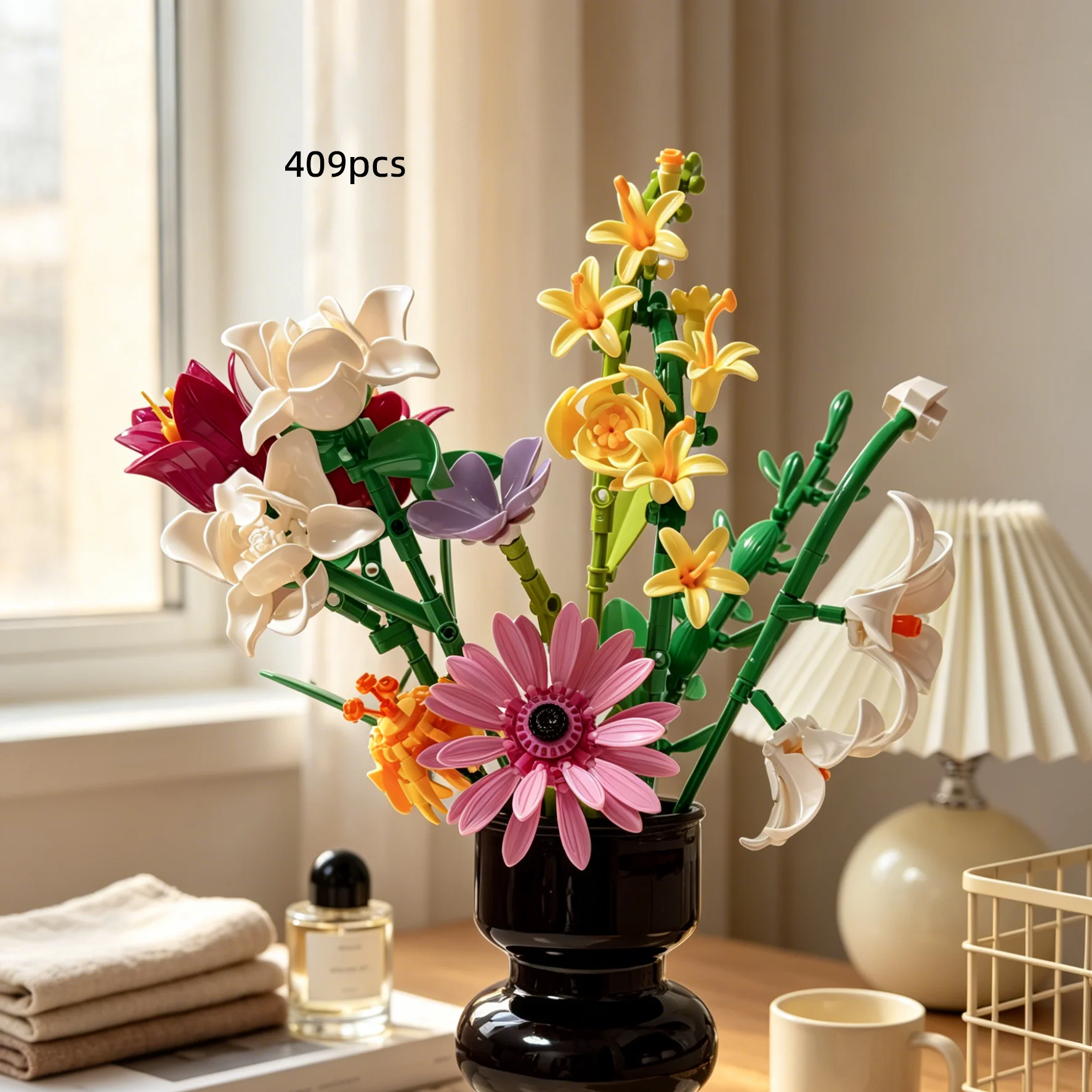 409-Piece Set of Mixed Building Block Bouquets in Wine Red + Milky White + Light Purple Gardenia, Daisy, and Freesia Scents, Warm-Toned Decoration for Living Room Tabletop, Gift for Flower Enthusiasts and Girls