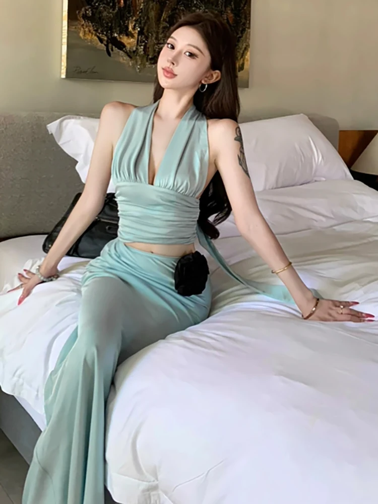 RORORIRI-Top Halter con cinta lisa para mujer, falda larga, conjunto plisado, chaleco sin mangas, falda de sirena con flores extraíbles, ropa Sexy para vacaciones