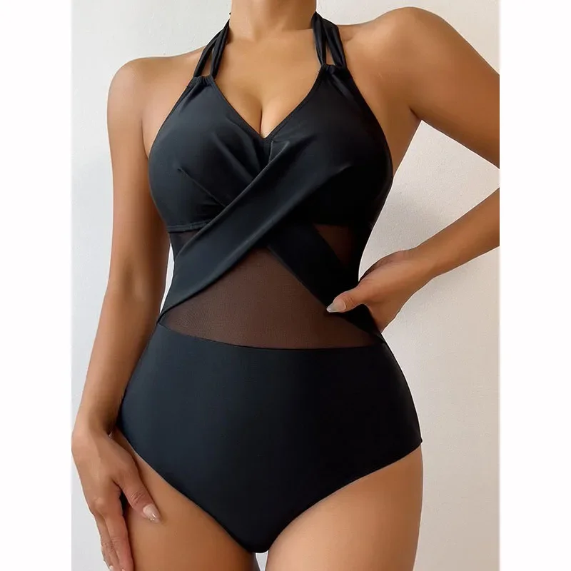 Bikini de una pieza de Color liso para mujer, traje de baño Sexy con escote en V profundo y tirantes sin espalda, traje de baño de malla translúcida de cintura alta