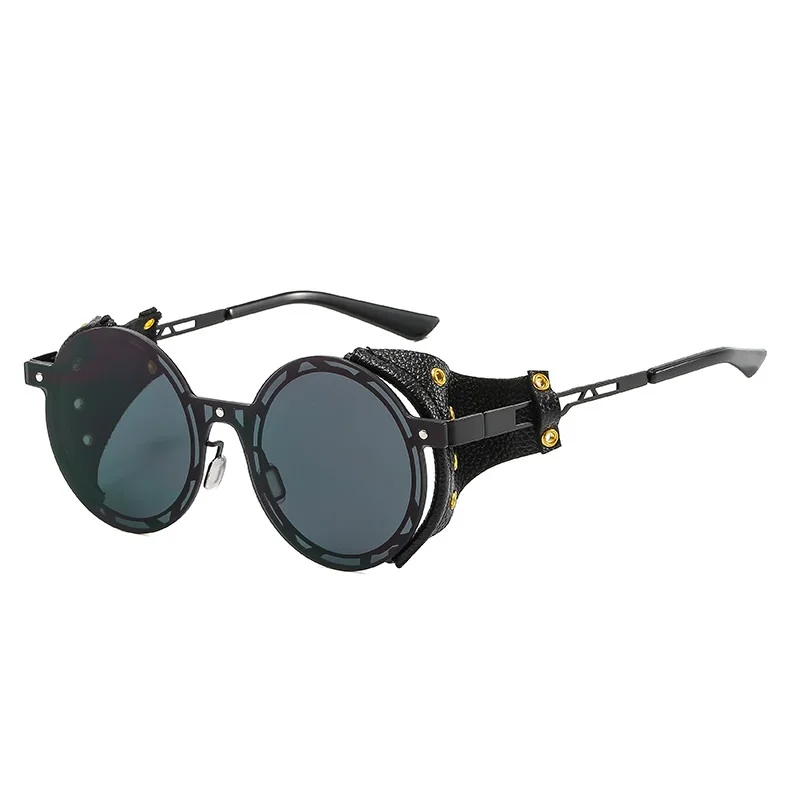 Oversized Men Punk Sunglasses For Women Metal Shades Round Steampunk Leather Eyeglasses Vintage Designer Oculos UV400 Gafas