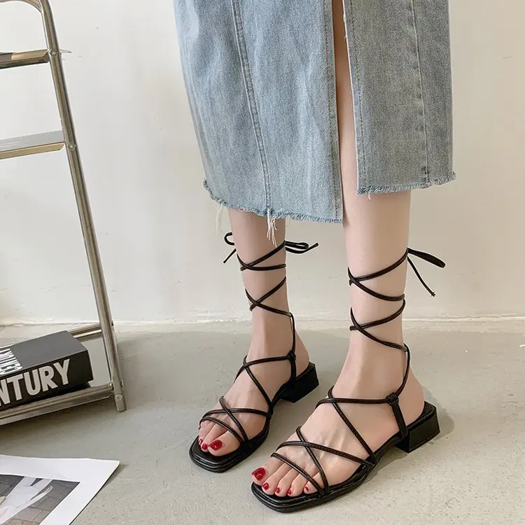 Summer Shoes Women Sandals Narrow Band Vintage Square Toe Flat Cross Strap Thong Sandals V Shape Design Shoes Women