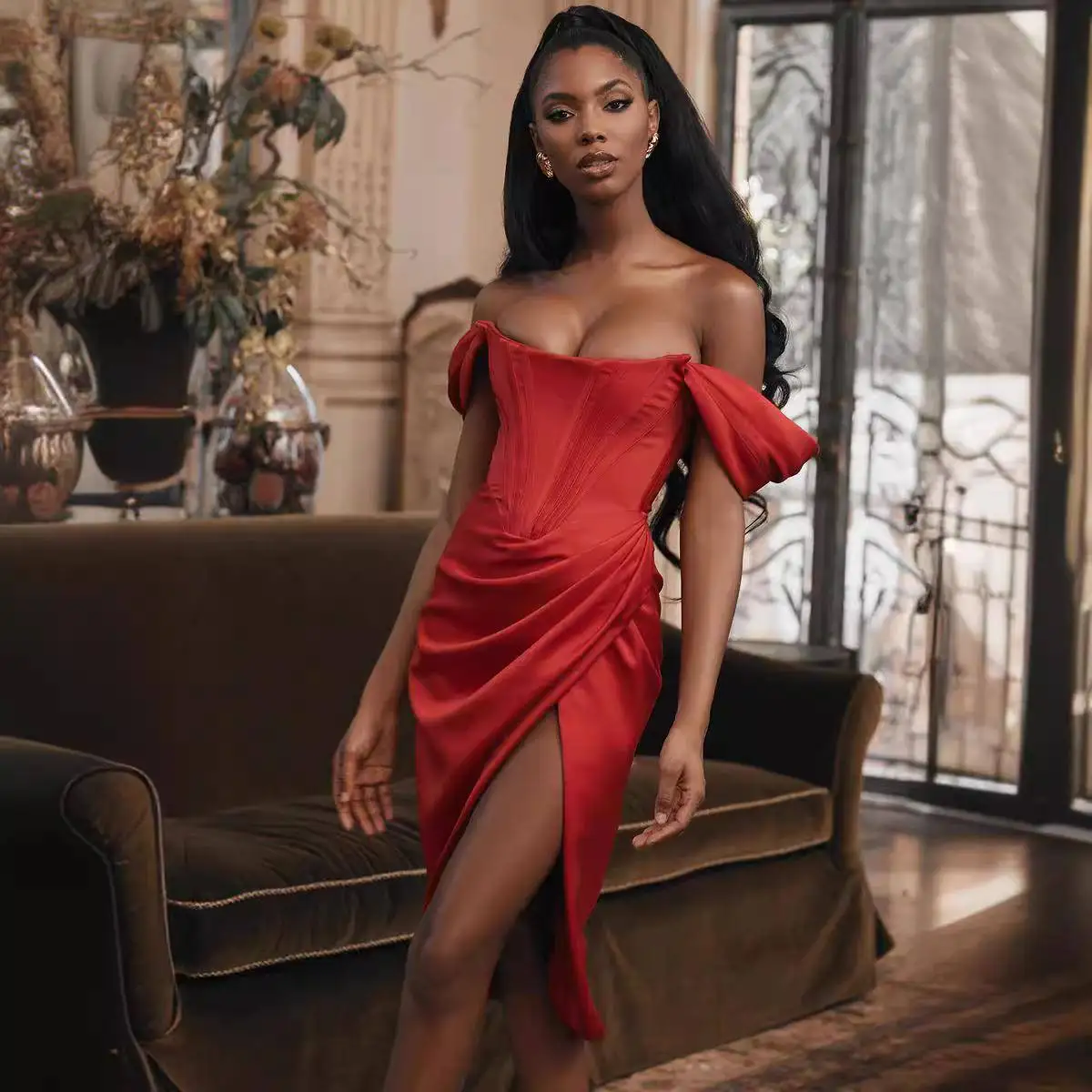 Sexy split pure kleur riem Dr dames hoge taille asymmetrische rok ort Sve One oulder Busin Casual Dr