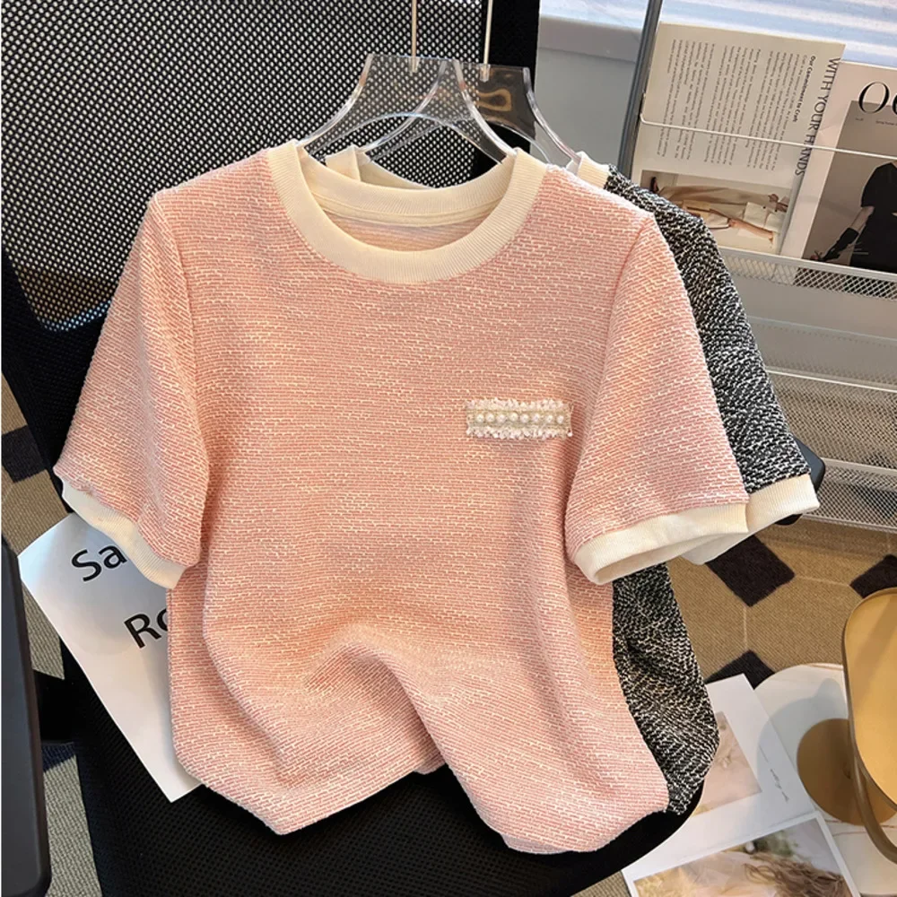 

Knitted T-shirt Tops Skinny Summer Women T-shirts Outwear Solid Women's O-neck Short Sleeve Bottoming Tees For Female V1216