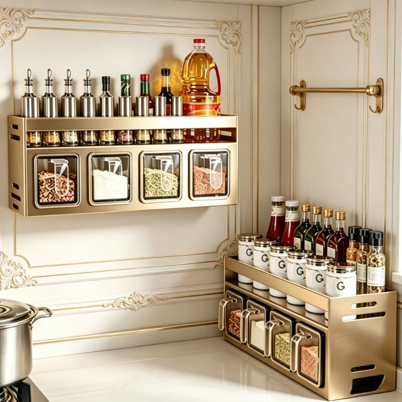 

Practical wall mounted kitchen holder, rustproof stainless steel build, for spice boxes, storage jars and daily kitchen goods