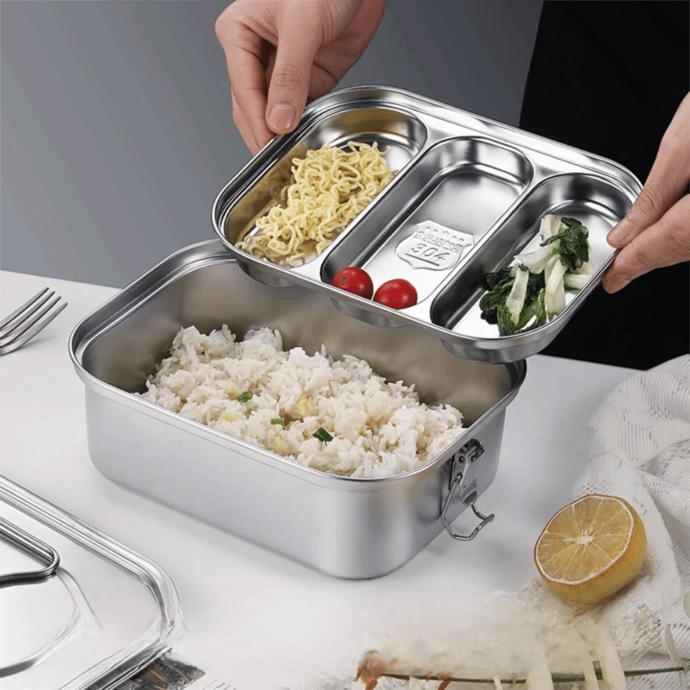 

304 Stainless Steel Camping Lunch Box Double-layer Compartmental Picnic Box Rectangular Spill-proof Food Storage Box School