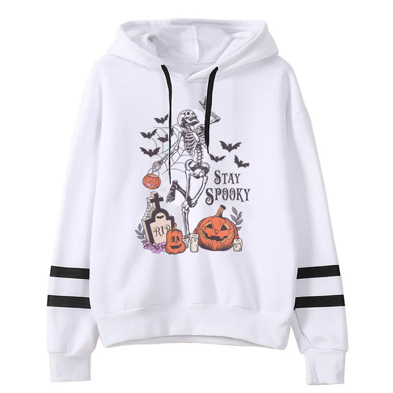 Stay Spooky sudaderas con capucha para mujer, jerseys casuales de manga larga, sudaderas con estampado de murciélago de calabaza de esqueleto para Halloween