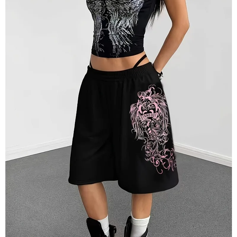 Hellgraue, dunkel bedruckte, mittellange Sportshorts/Hosen, locker geschnittene Y2K-Street-Punk-Freizeithose in Knielänge. – Detail 6