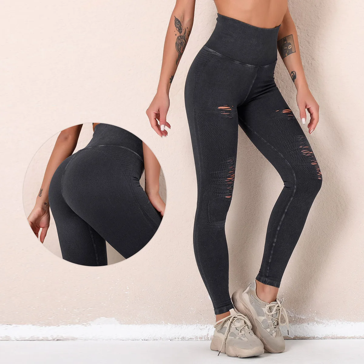 

Peach Hip-Lifting Fitness Leggings Women's Hole-like Denim Leggings High-waist Stretch Yoga Pants Solid Color Tight Leggings