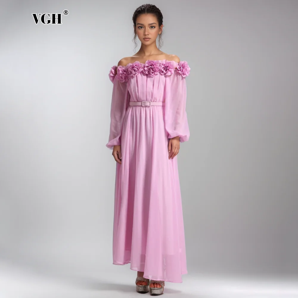 VGH Solid Spliced Appliques Elegant Dress For Women Slash Neck Long Sleeve High Waist Spliced Belt Temperament Dresses Female