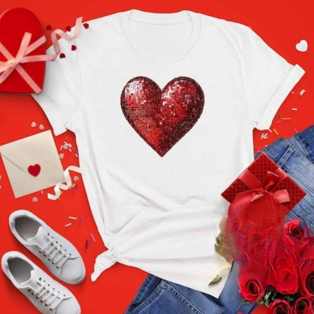 

Mosaic Heart Valentine's Day T-Shirt Valentine’s Day Gift Shir, Bold and Artistic Tees Red Heart Tees Inspired Heart Tops
