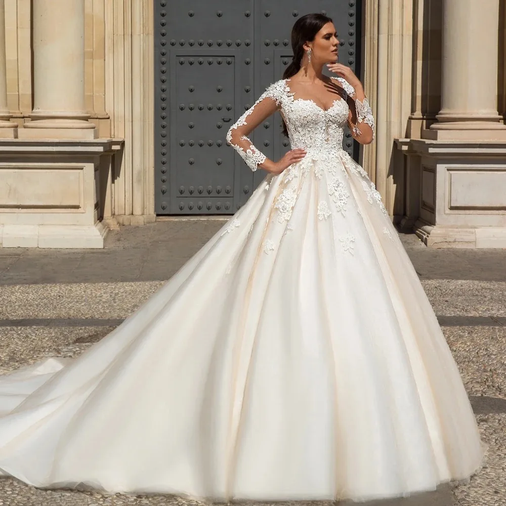 

Элегантное свадебное платье из органзы с вышивкой и кружевом, бальное платье с длинными рукавами и круглым вырезом на пуговицах для невесты, индивидуальное платье Vestido De Novia