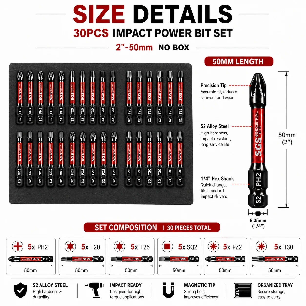 Hochfester 30-teiliger Bit-Satz aus S2-Legierungsstahl, Ph2/Pz2/T20/T25/T30/Sq2 Bits in allen Größen, rissbeständig, magnetisch, rutschfestes Design, stoßfest und nicht leicht zu brechen, speziell für Autoreparaturen und industrielle Anwendungen entwickelt. – Detail 2