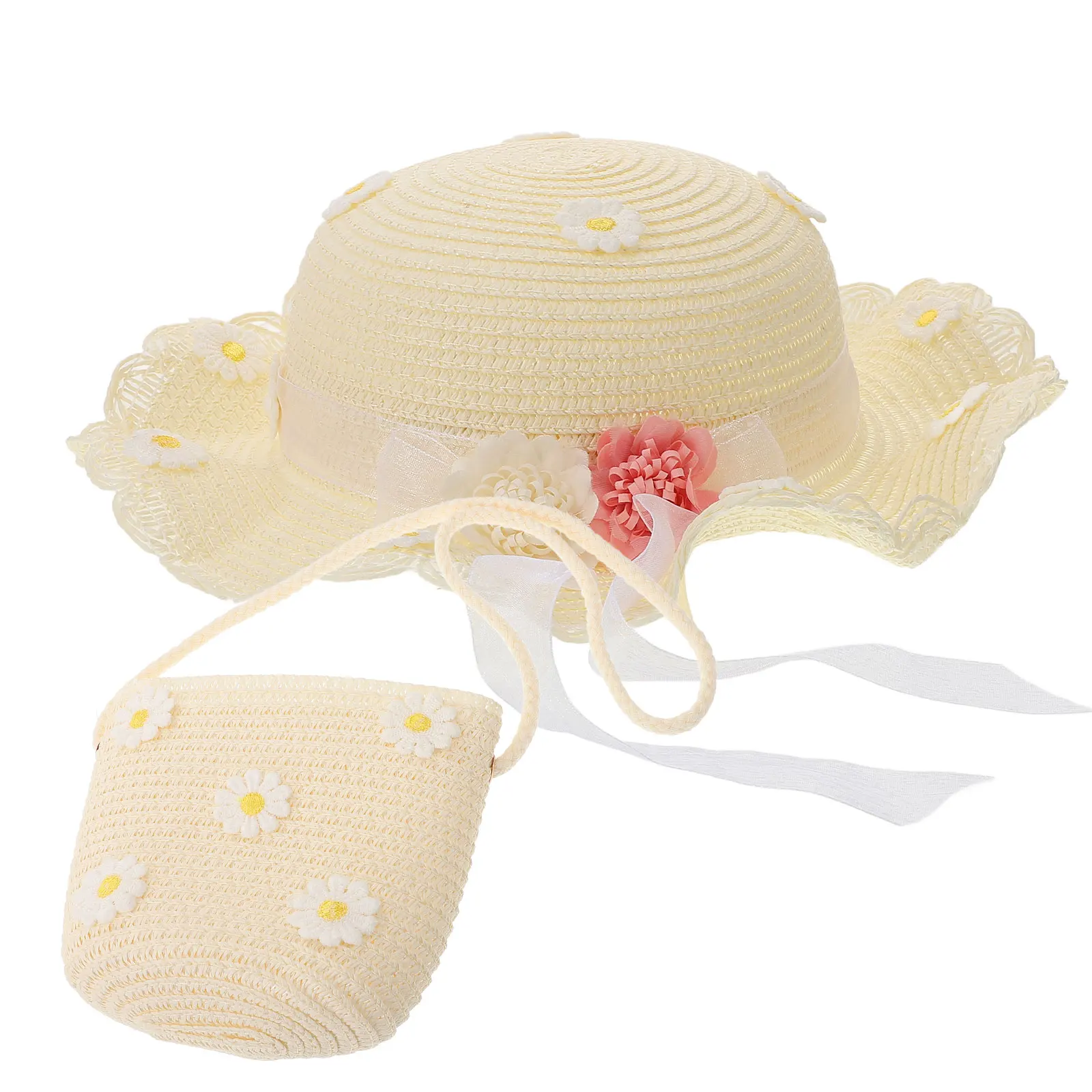 

2pcs Kids Sun Hat White Baby Toddler Lightweight Breathable Daisy Pattern Vacation Outdoor Activities Sun Protection