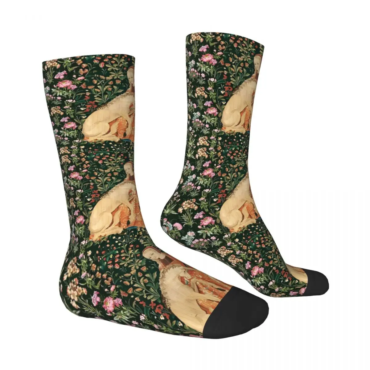 Dame En Eenhoorn Onder Bloemen Unisex Wintersokken Outdoor Vrolijke Sokken Streetstyle Gekke Sok