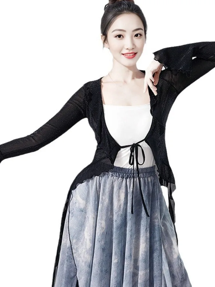 سترة أنيقة ذات لون شبكي وأكمام طويلة مكشكشة، سترة رقص رفيعة لأداء المسرح الحديث