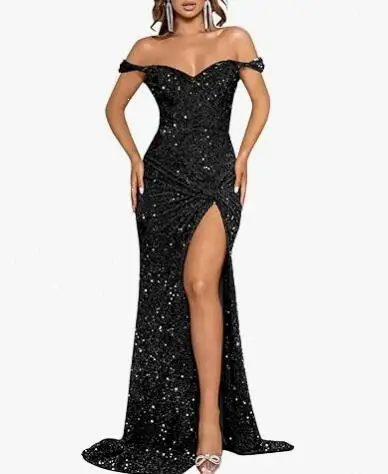 Customized Off Shoulder Mermaid Sequin Vestidos De Noche With Slit Long Ball Gown Sparkly Ruched Formal Evening Party Dress Prom