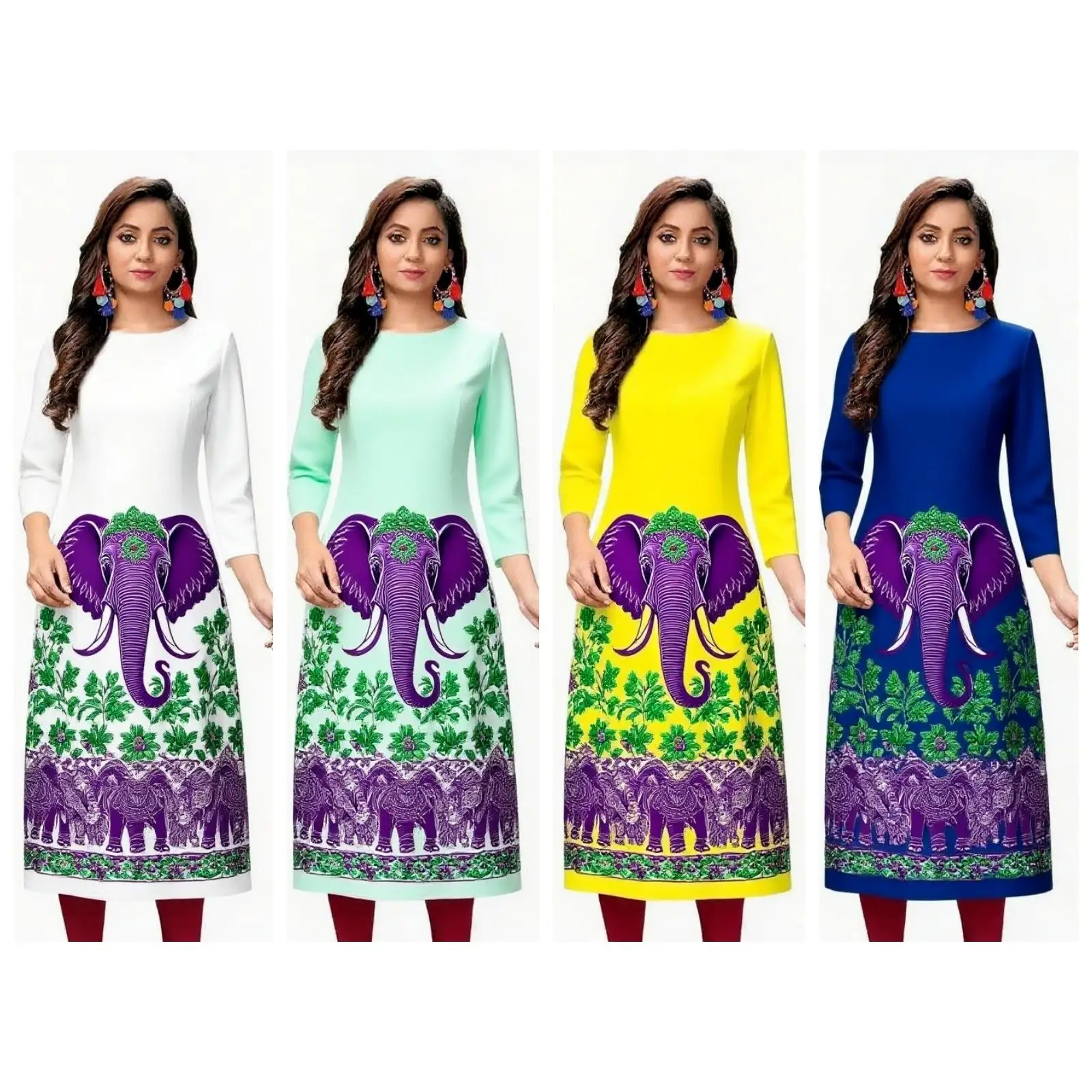 Abito kurt da donna alla moda ed elegante a maniche lunghe a tubo dritto casual girocollo con motivo a elefante colorato