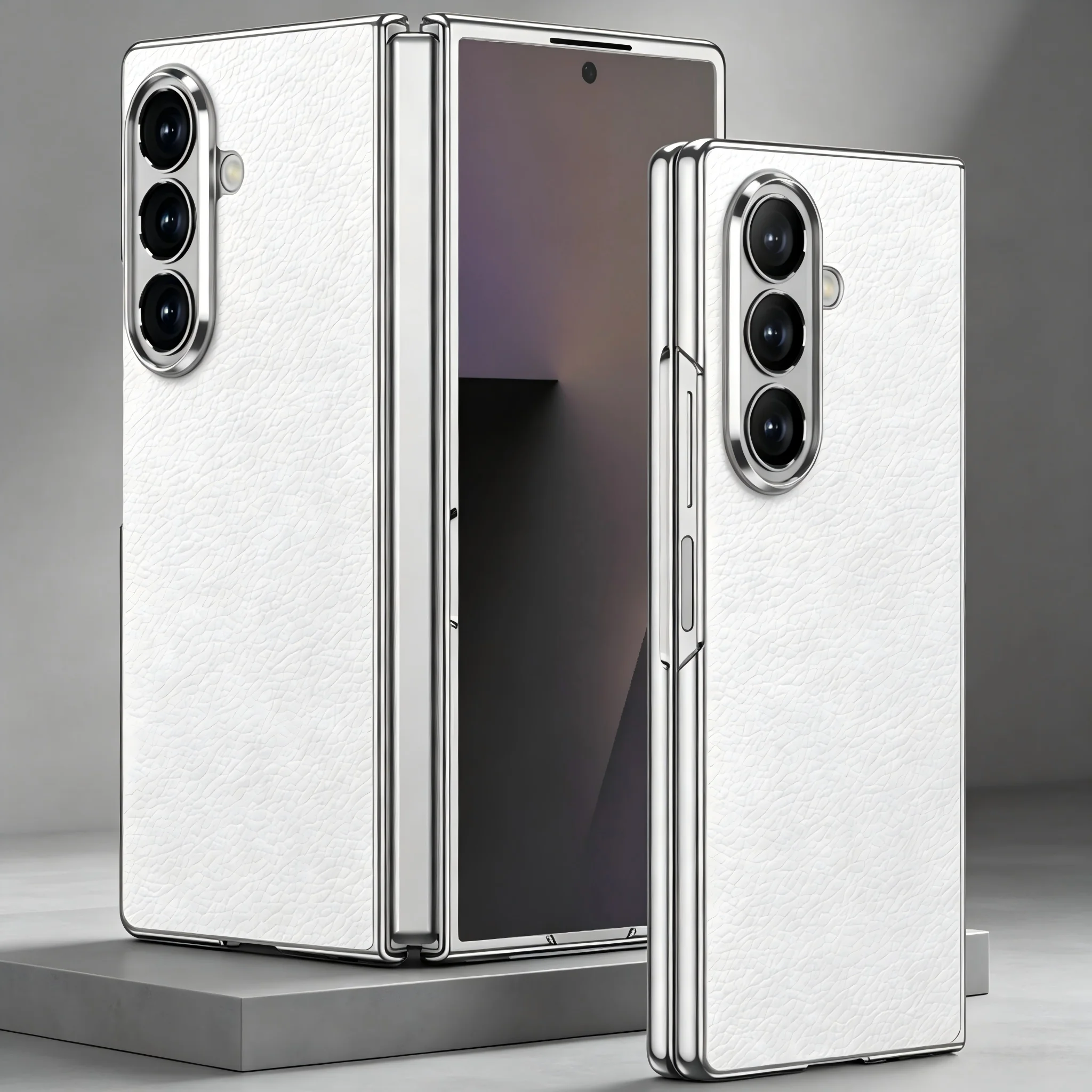 Lychee Pattern Leather Phone Case For Samsung Galaxy Z Fold 7 6 5 Fold7 Fold6 Silver Plating Frame Camera Protection Hard Cover