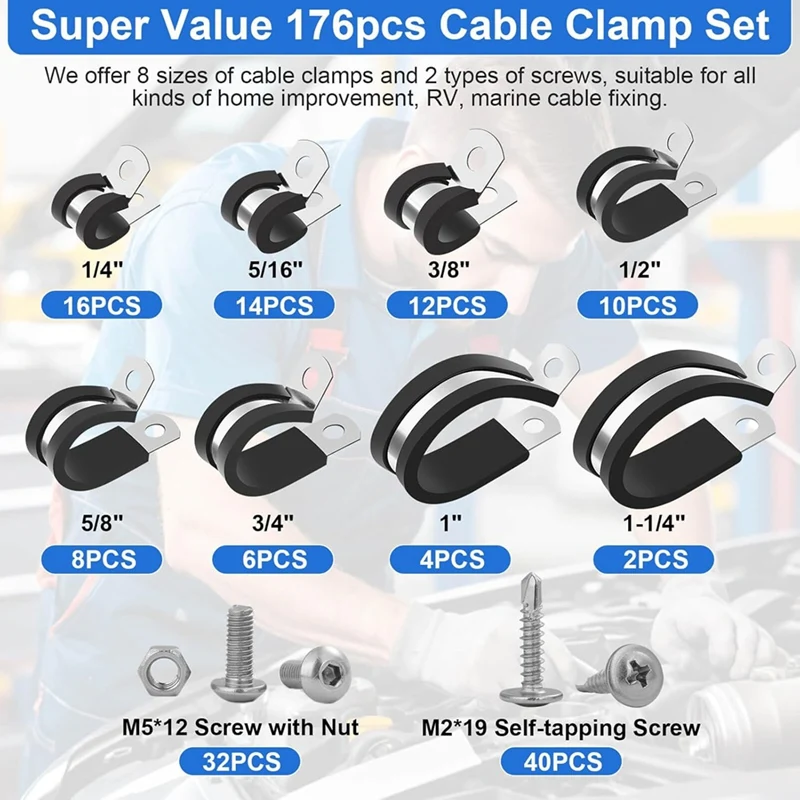 Juego de abrazaderas para cables de AB09-176Pcs, abrazaderas aisladas de goma de 8 tamaños con tornillos de 72 Uds., para instalación automotriz de cables