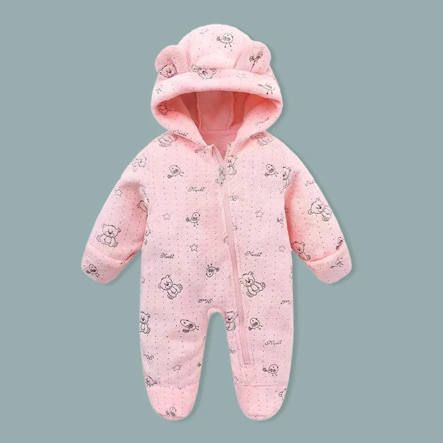 Newborn Baby Girl Hooded Jumpsuit Cartoon Cotton Baby Boy Crawling Suit Warm Baby Clothing for Autumn and Winter