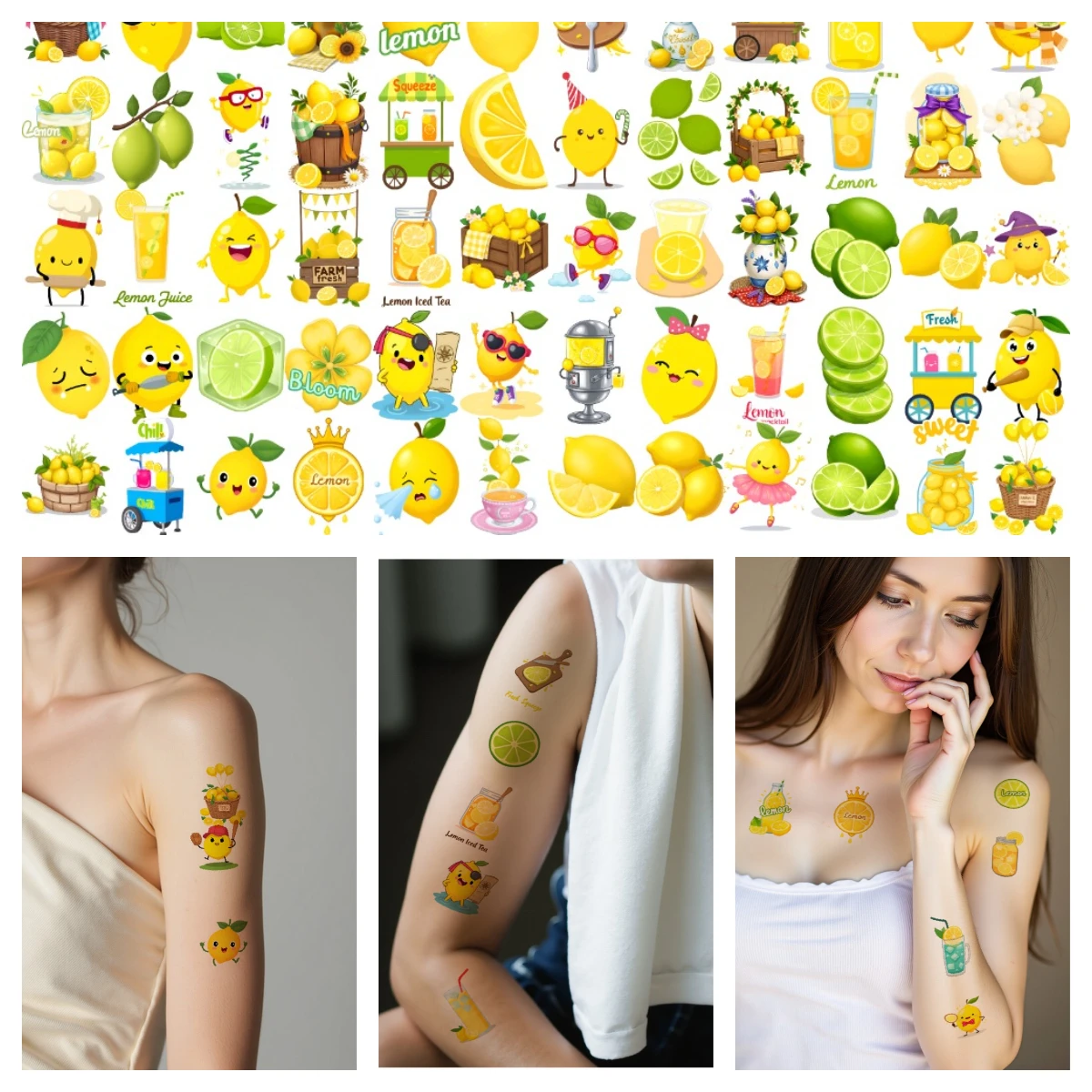 

108pcs Temporary Tattoo Cartoon Stickers Waterproof Long-lasting Body Stickers Lemon Stickers For Men