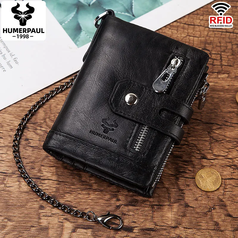 HUMERPAUL100% Genuine Cowhide Leather Wallet For Men Short RFID Money Purse Card Holder Double Zipper Bifold Coin Pocket image 6