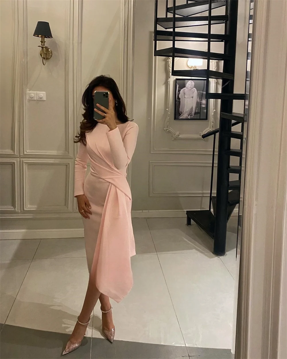 Mina Customized Crew Neck Elegant Party Dresses Woman Long Sleeves Folds Luxurious Women's Evening Dresses for Special Occasions image 2