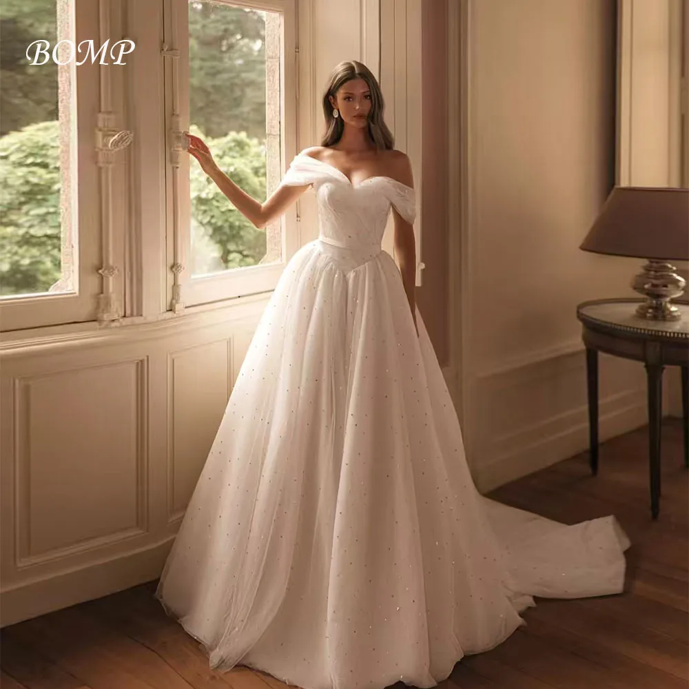 BOMP プリンセス スパンコール ウェディングドレス オフショルダー ドレープ スイープ トレイン Aライン アイボリー オーガンザ ブライダルガウン カスタマイズされたローブ・デ・マリエ