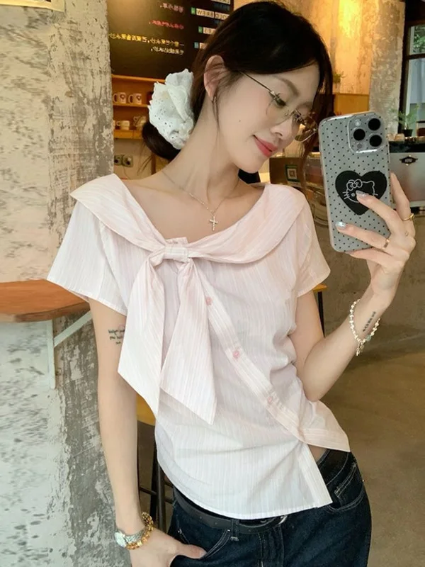 

Korean Style Sweet Design Short Sleeve Shirt Women's Fashionable Pink Chic Button Detail Summer Clothing Age-Defying Top