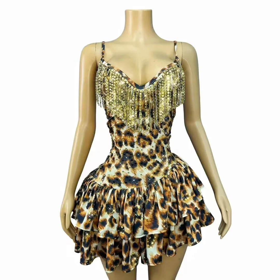 Sexy Minikleid Leopard Kristall Sling Club Nacht Frauen Sänger Bar Bühne Leistung Kostüm Geburtstag Party Zeigen Kurze Kleider