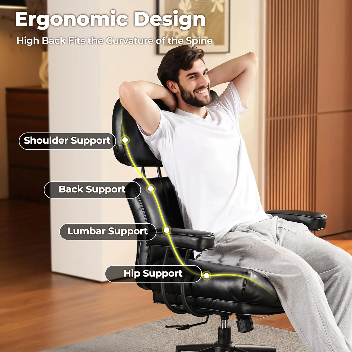 Ergonomic Home Office Chair, Mid-Century Modern Leather Chair with Lumbar Support, High Back Swivel Rolling Executive Chair