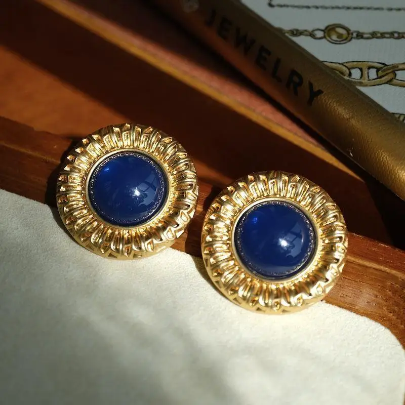 

Greece Turkey Handcraft 925 Sterling Silver Natural Lapis Gold Ear Stud Simple Earrings For Women Gold Vermeil Handmade Jewelry