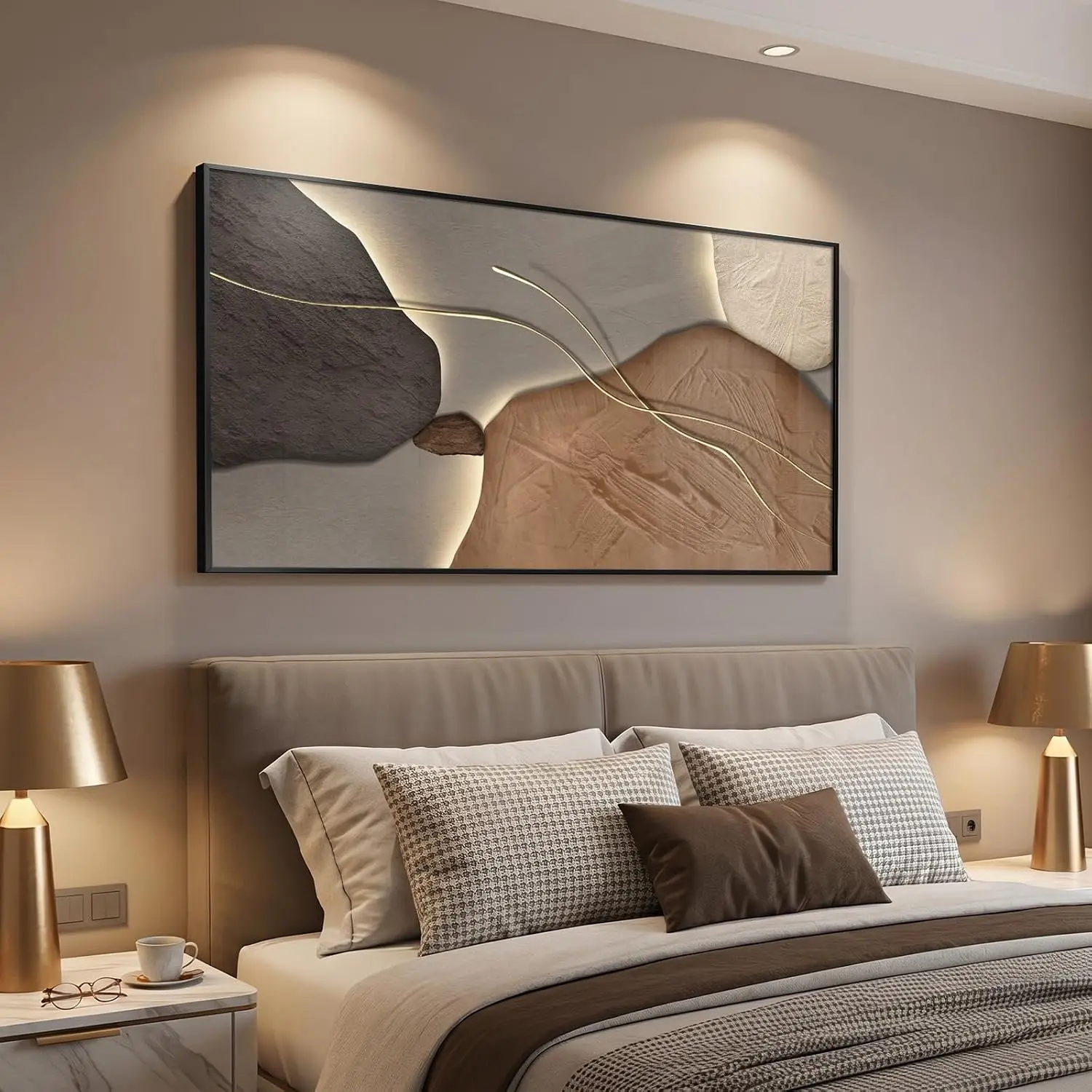 Framed Abstract Horizontal Wall Art Living Room Extra Large Brown Tan Modern Artwork Walls Contemporary Elegant Picture Prints P