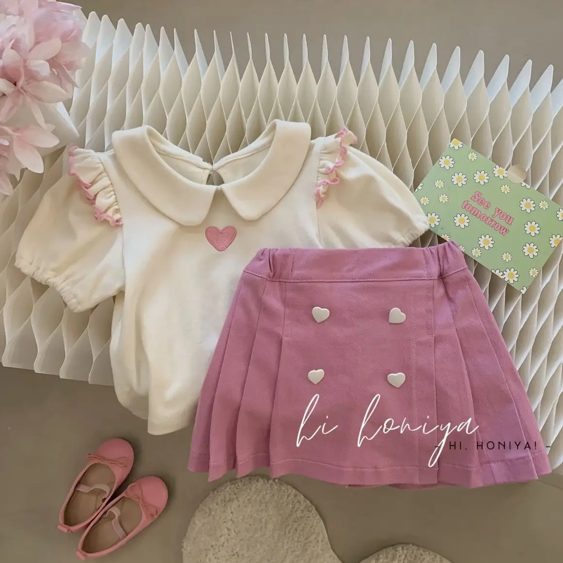 Girls Sweet Lovely Sets Children Clothing 2024 Summer New Love Embroidery Puff Sleeve T-shirt Pleated Culottes Two-piece Set