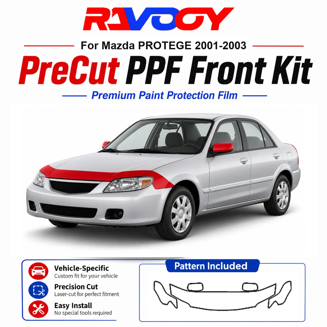 

8.5mil TPU Precut PPF Kit For Mazda PROTEGE 2001-2003 - Hood, Fenders & Mirror Set - Self-Healing Clear Bra Film