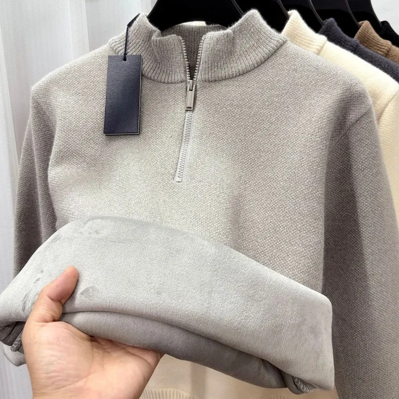 Men Winter Half Zip Half Turtleneck Sweater Thick Fleece Lined Chenille Warm Knit Pullover Daily Wear