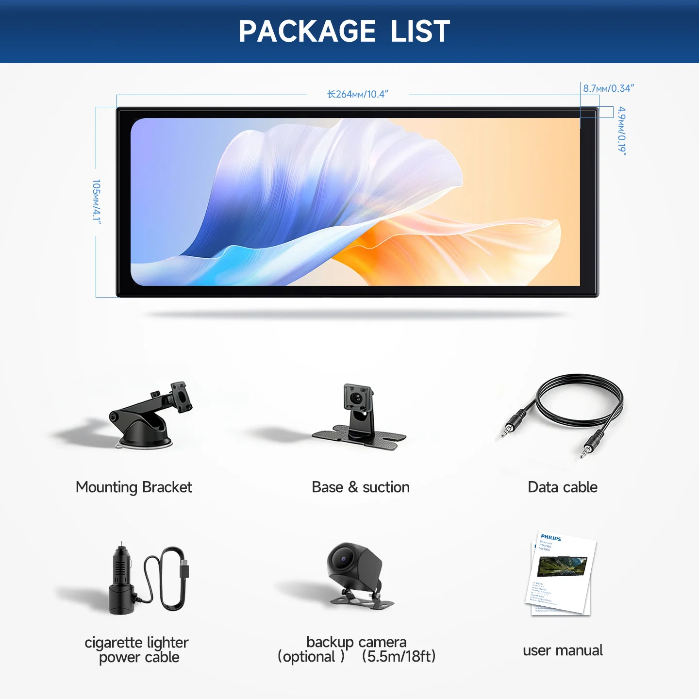 Philips 10,25-inch Smart Dashcam compatibel met ISO Wireless CarPlay en Android Auto, lusopname, ingebouwde speaker