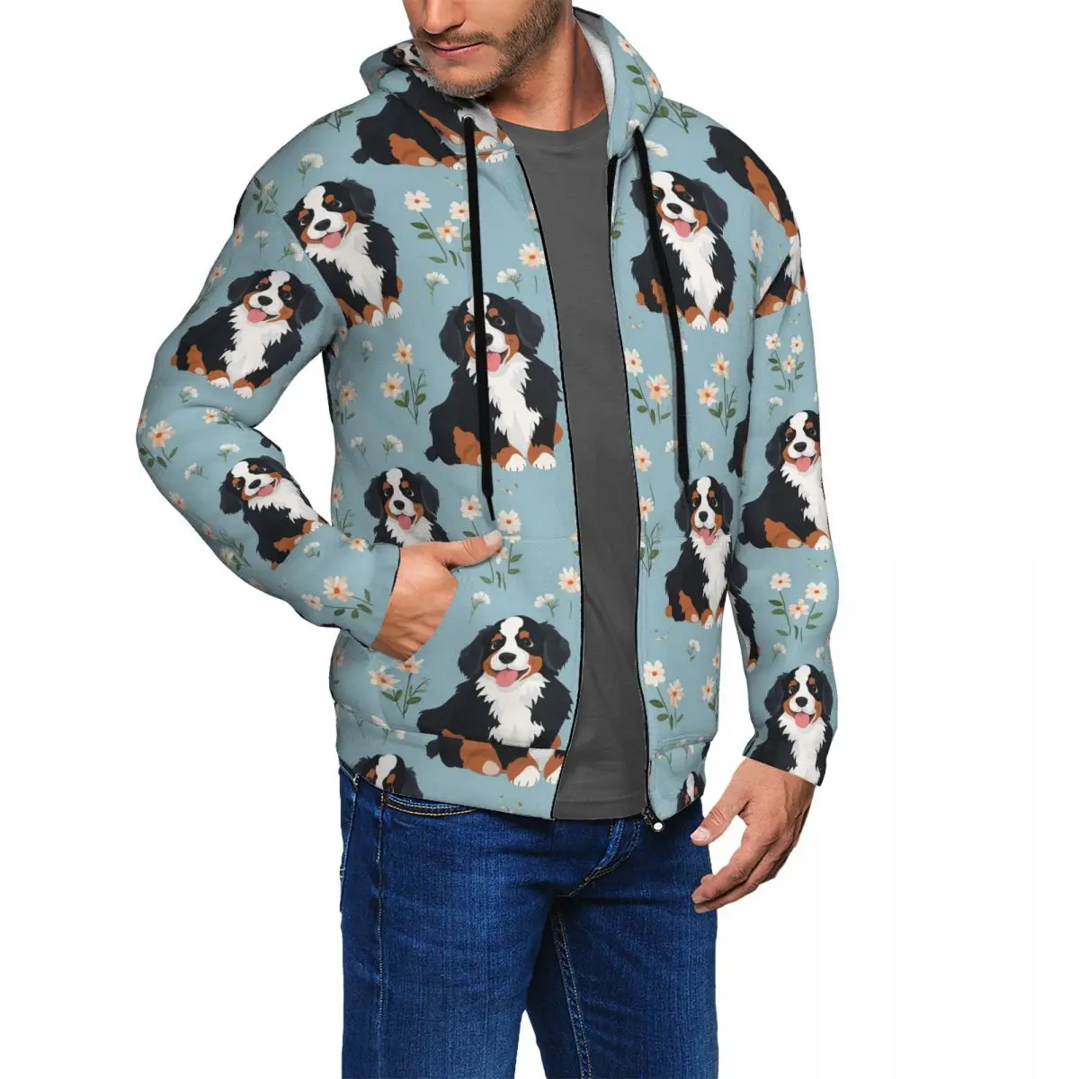 Cartoon Cute Bernese Mountain Dog Pattern Zipper Hoodies Harajuku Pullover Autumn Winter Men Women Sweatshirts Long Sleeve Tops