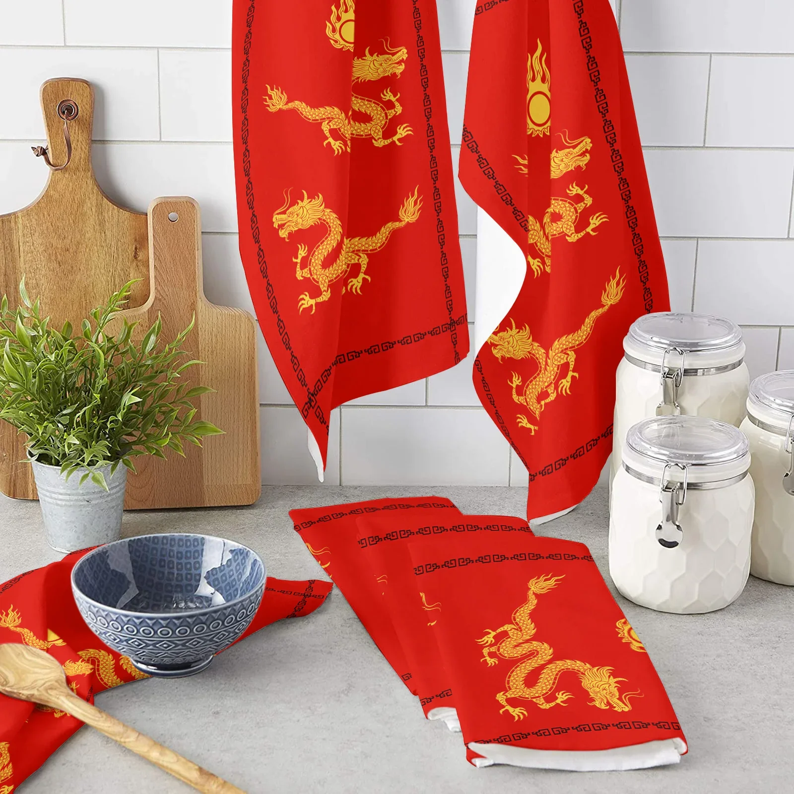 Dragon Red Background Kitchen Towel Absorbent Dish Cloth Tableware Towel for Kitchen Household Cleaning Tool