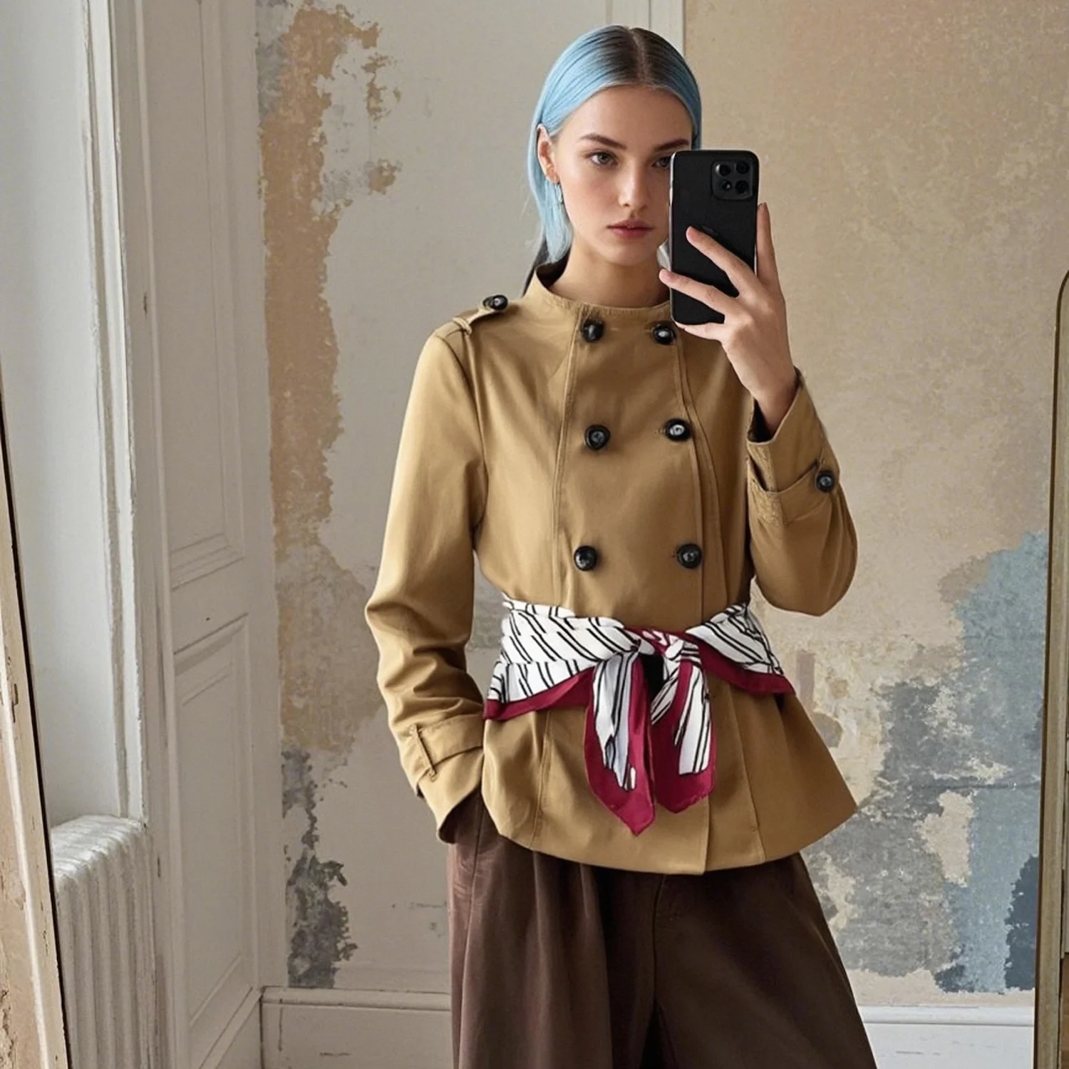 

Women's Double - breasted Long - sleeved Jacket with Epaulets Belted with a Patterned Scarf for a Stylish and Chic Look