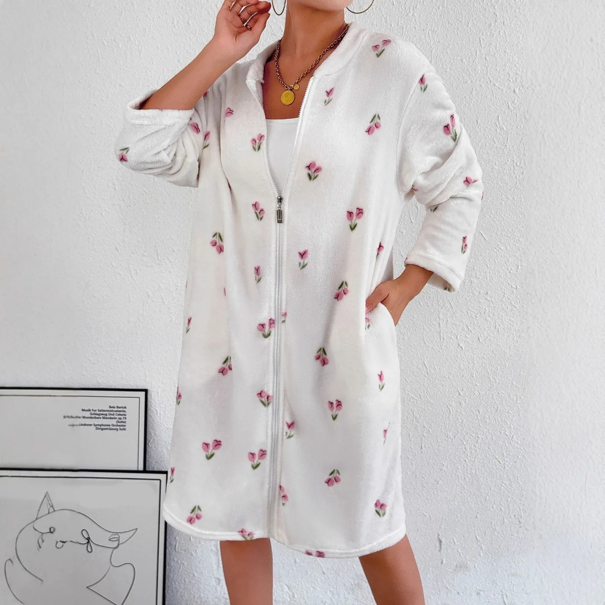 Print Winter Ladies Zipper Night Dress Fluffy Fleece Stand‑Collar Mid‑Calf Bathrobe Loose Sleepwear for Women Loungewear